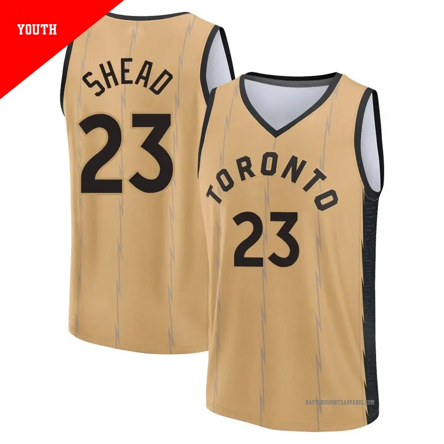 ＃23 Youth Jamal Shead Toronto Raptors 2023/24 Fast Break Gold City Edition Jersey