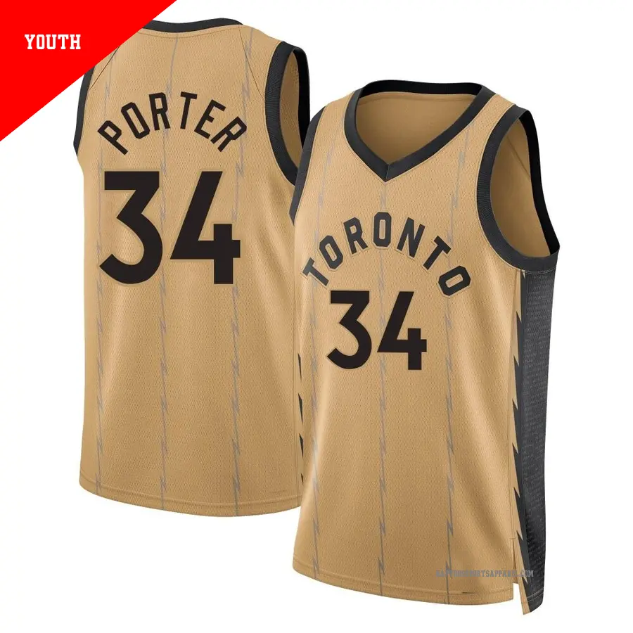 ＃34 Youth Jontay Porter Toronto Raptors 2023/24 Swingman Gold City Edition Jersey