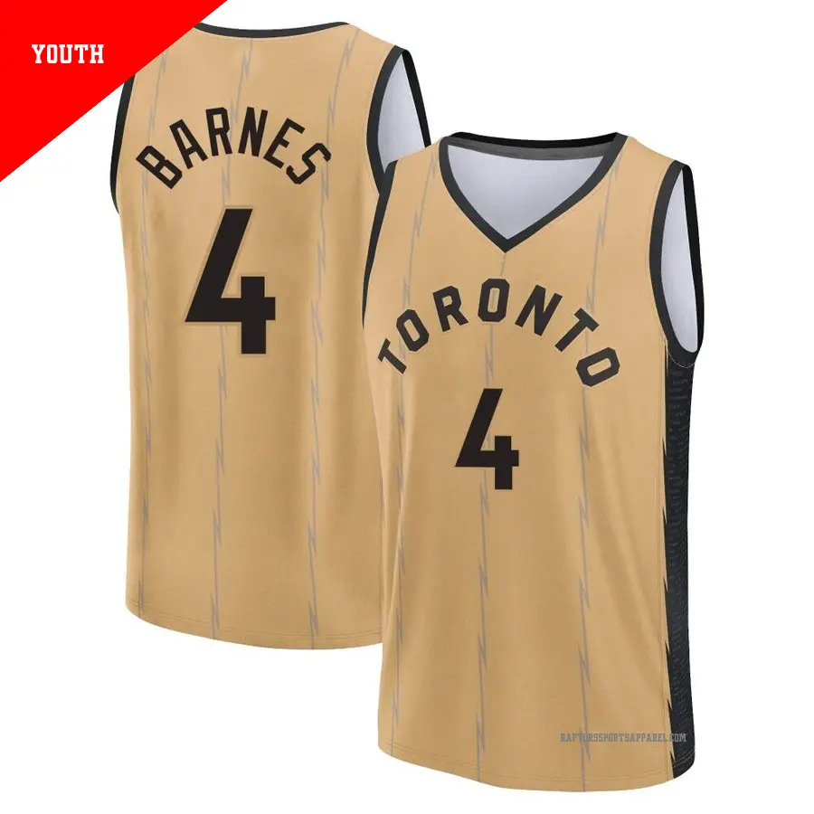 ＃4 Youth Scottie Barnes Toronto Raptors 2023/24 Fast Break Gold City Edition Jersey